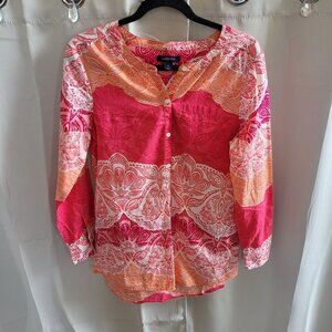 LAnds End Womens Top Size 6 Floral 100% Cotton Beachy Coastal Peasant Boho 16433